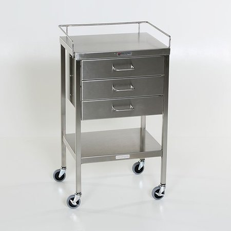 MIDCENTRAL MEDICAL SS Utility Table 16"w x 20"l x 34"H, with 3 Drawers and 3-Sided Guardrail MCM522